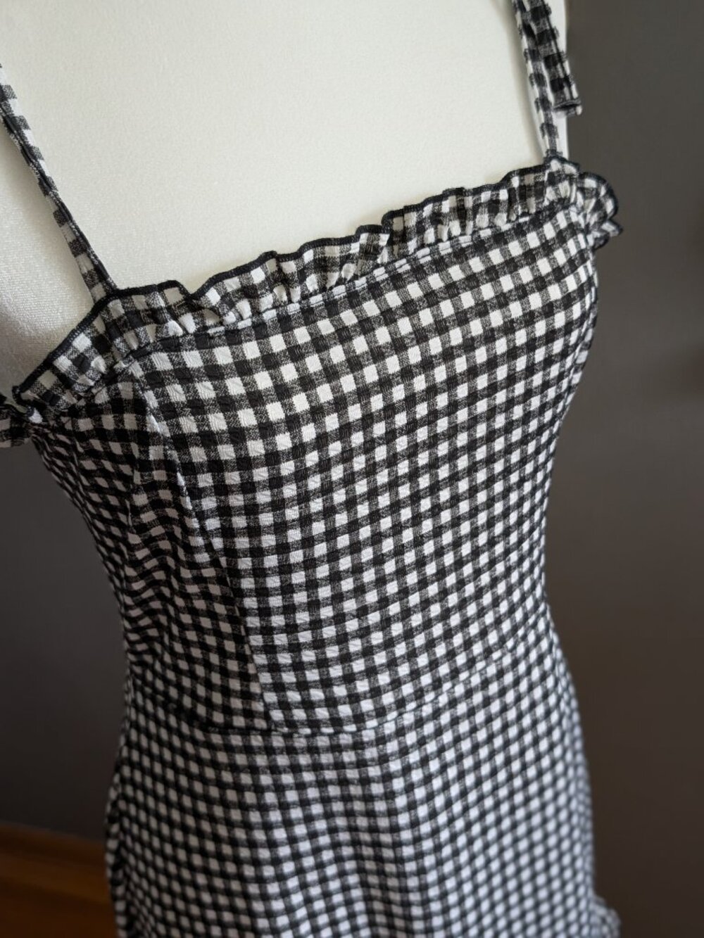 Miss Selfridge Gingham Ruffle Tie Strap Mini Dress Black White Cottagecore 8 - Picture 3 of 8